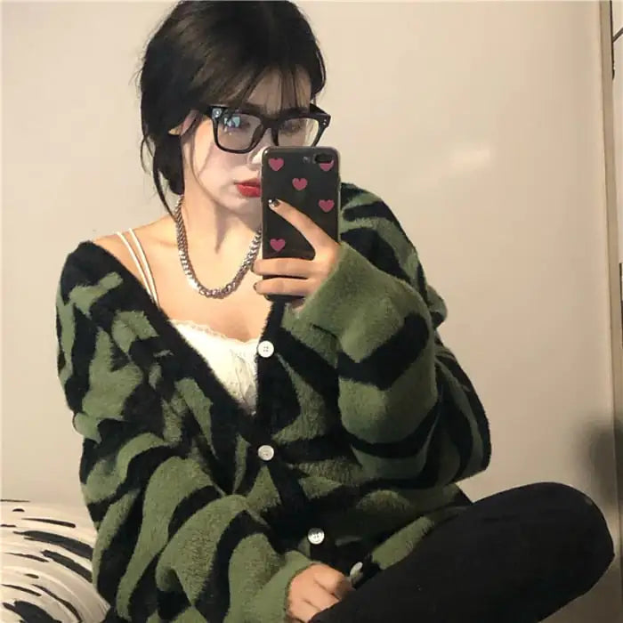 Zebra Print Retro Loose Knit Sweater Cardigan