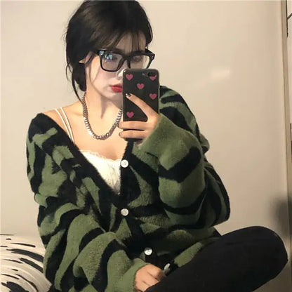 Zebra Print Retro Loose Knit Sweater Cardigan