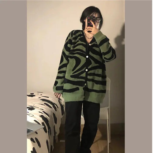 Zebra Print Retro Loose Knit Sweater Cardigan